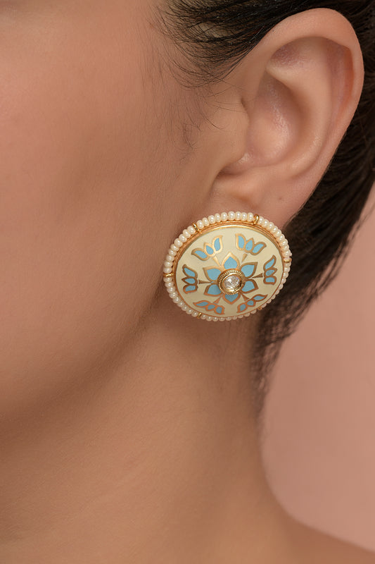 Koshala Lotus Enamel Stud | 22kt Gold-Plated Meenakari & Kundan Heritage Button Earrings