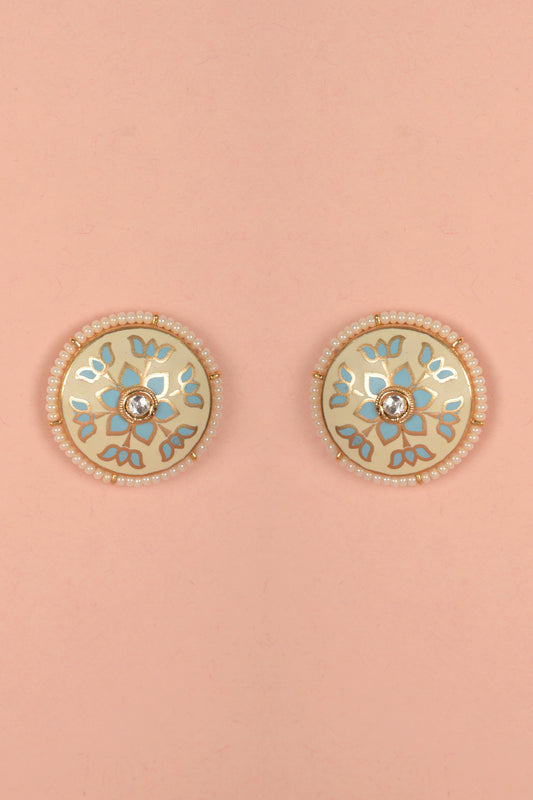 Koshala Lotus Enamel Stud | 22kt Gold-Plated Meenakari & Kundan Heritage Button Earrings