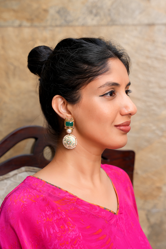 Emerald Lotus Meenakari Drops – Sculptural Jadau & Teal Enamel Heirloom Earrings