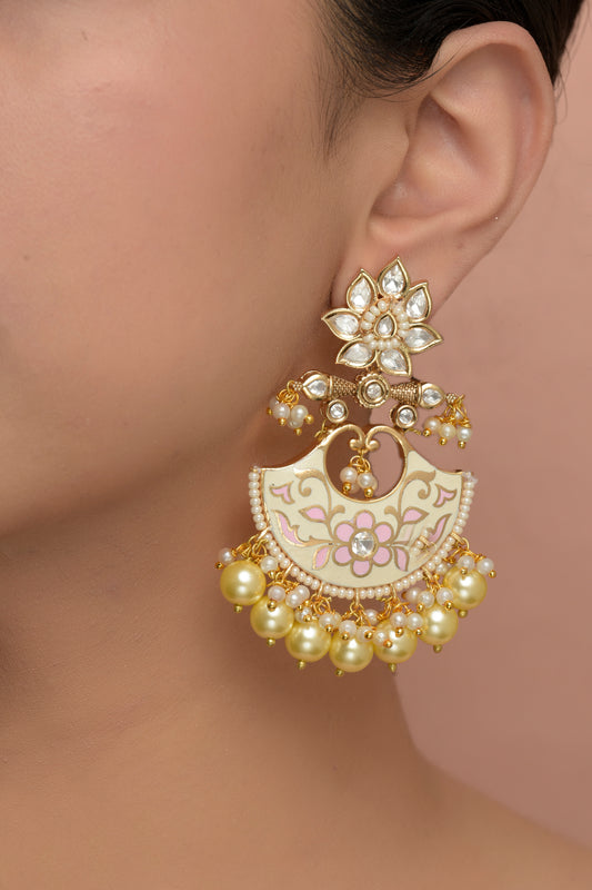 Udaya Meenakari Chandbali | 22kt Gold-Plated Kundan & Rose-Enamel Statement Earrings