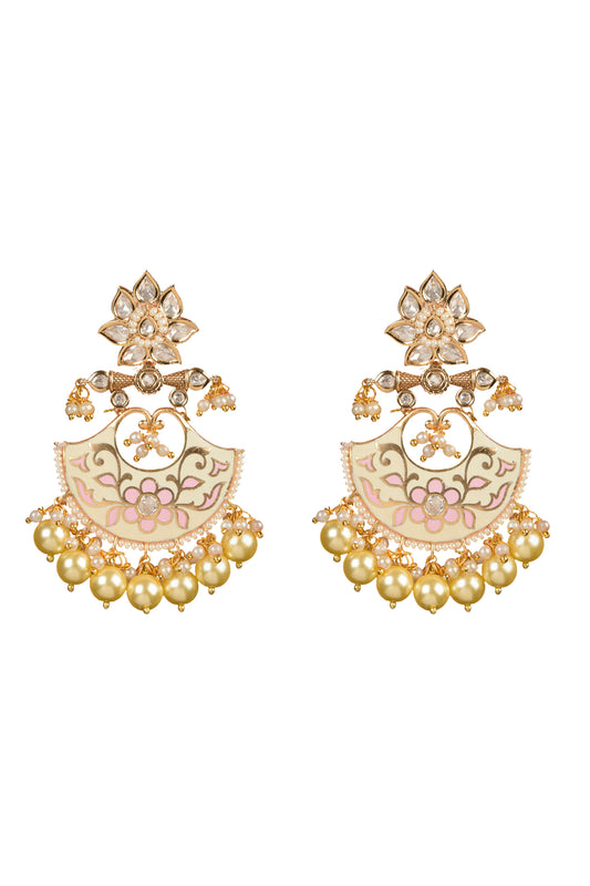 Udaya Meenakari Chandbali | 22kt Gold-Plated Kundan & Rose-Enamel Statement Earrings