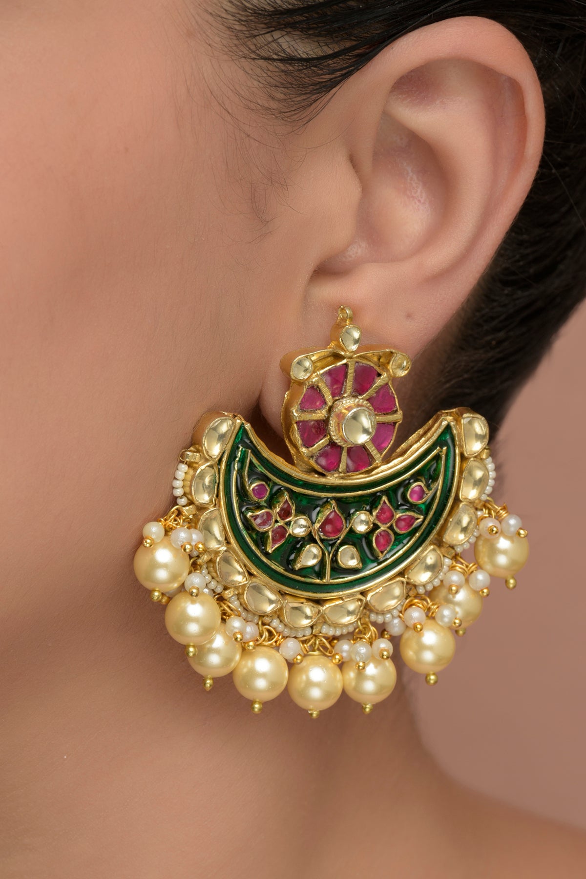 Flora-Luna Statement Chandbali | 22kt Gold-Plated Meenakari, Ruby-Pink Kundan and Pearl Earrings