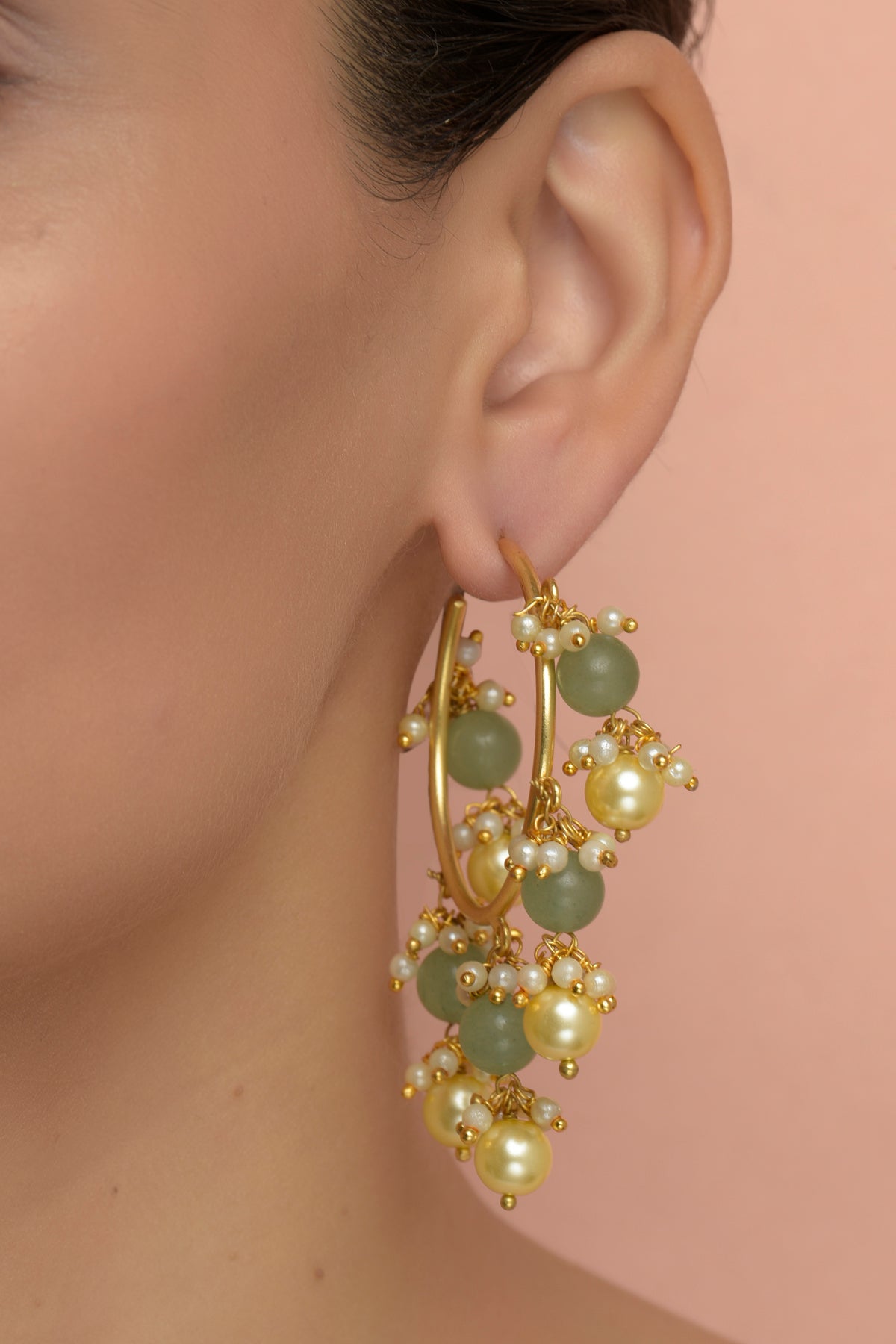 Verdant Orb Hoops | 22kt Gold-Plated Green Agate & Pearl Kinetic Statement Hoop Earrings