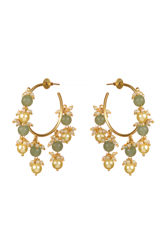 Verdant Orb Hoops | 22kt Gold-Plated Green Agate & Pearl Kinetic Statement Hoop Earrings