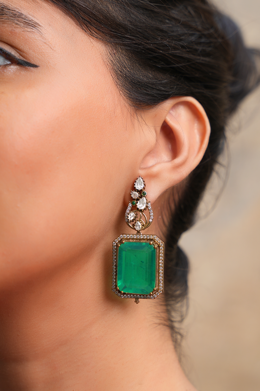Emerald-Cut Monolith Danglers – Gold Plated Kundan Polki & American Diamond Statement Earrings