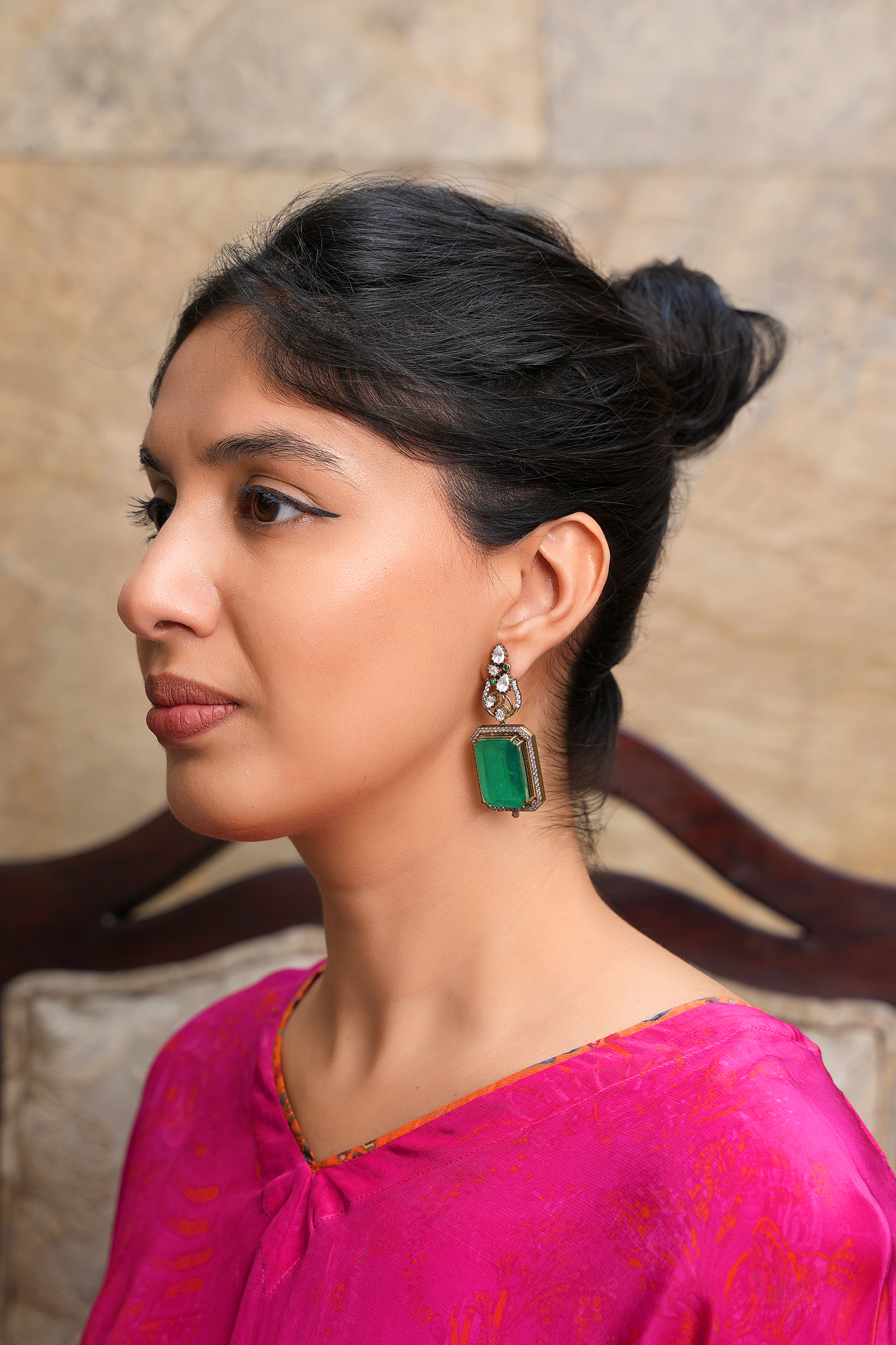 Emerald-Cut Monolith Danglers – Gold Plated Kundan Polki & American Diamond Statement Earrings