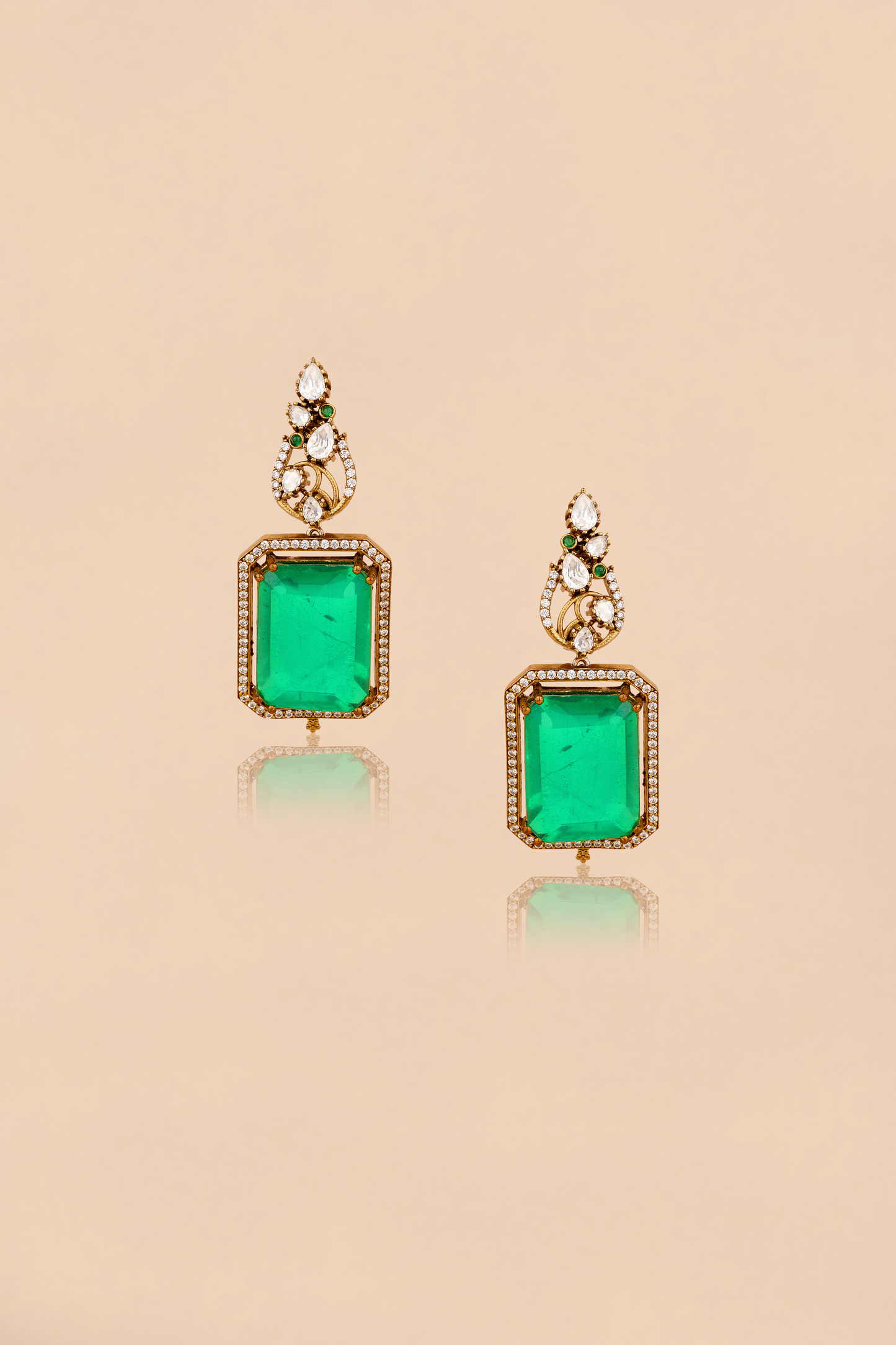 Emerald-Cut Monolith Danglers – Gold Plated Kundan Polki & American Diamond Statement Earrings