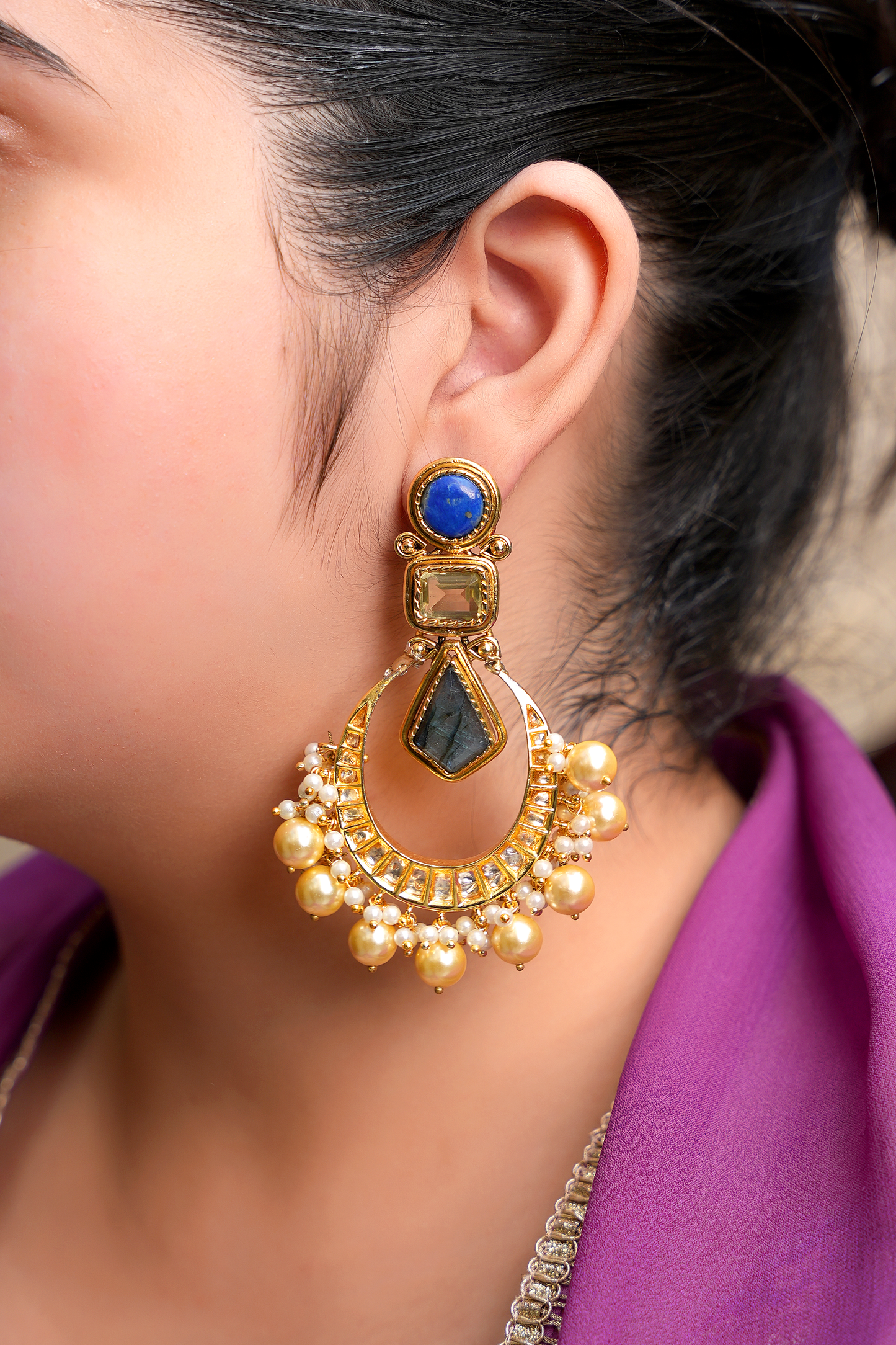 Kundan Polki Lapis & Topaz Chandbalis – Gold Plated Labradorite Statement Earrings