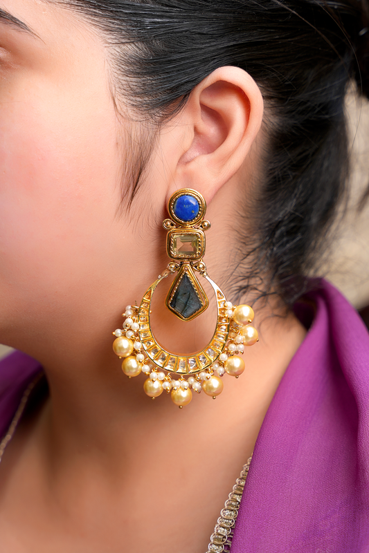 Kundan Polki Lapis & Topaz Chandbalis – Gold Plated Labradorite Statement Earrings