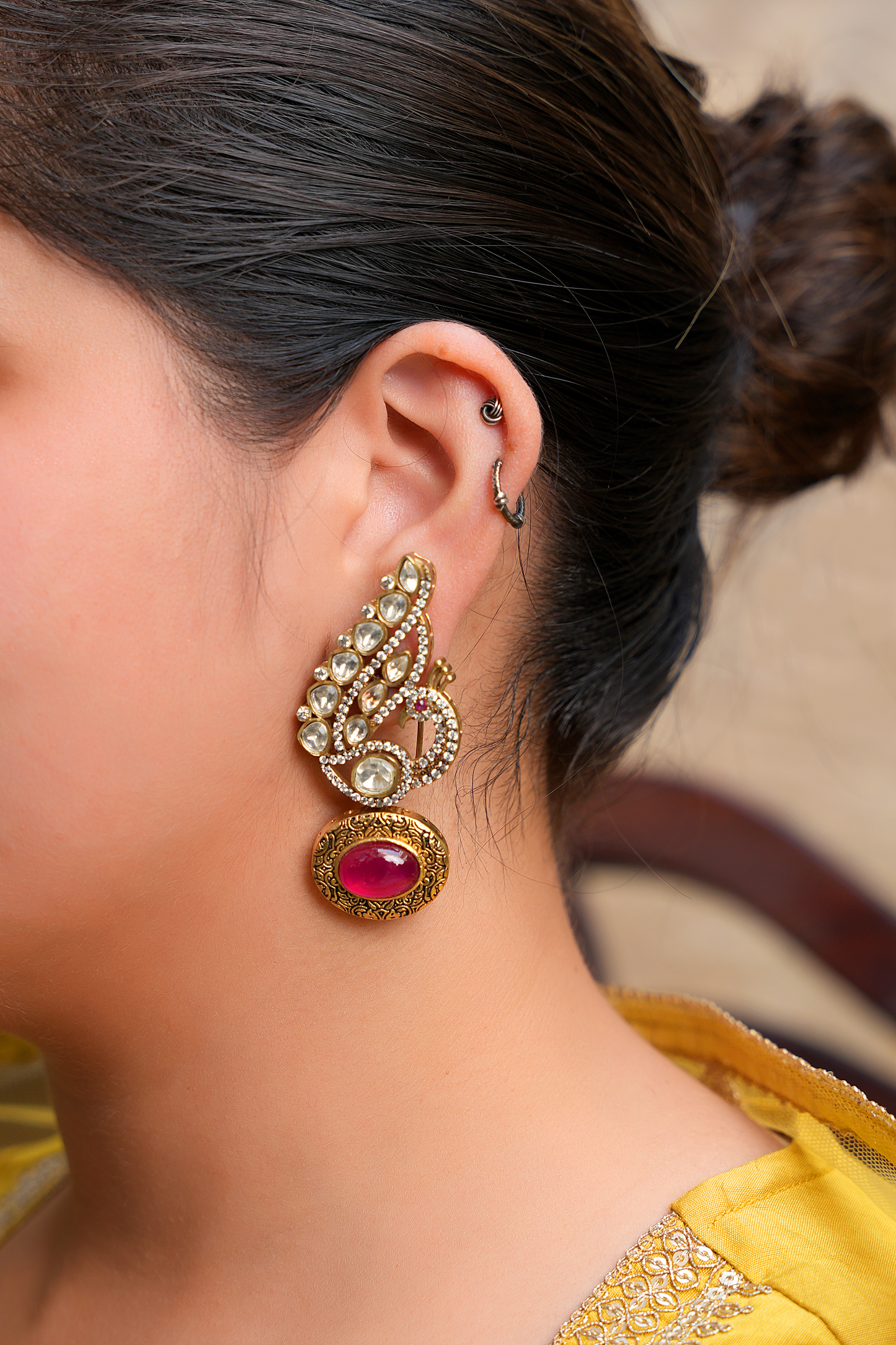 Kundan Polki Peacock Motif Earrings – Gold Plated Ruby Red Statement Earrings | Imperial Mor-Pankh