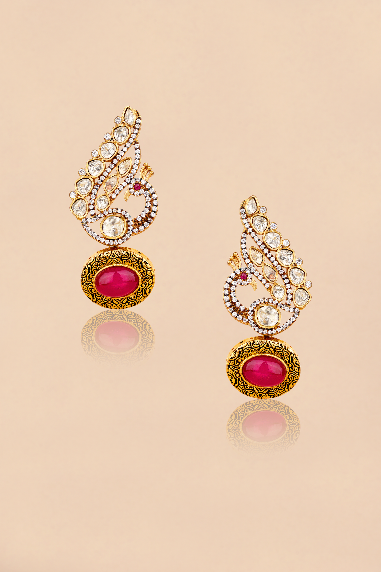 Kundan Polki Peacock Motif Earrings – Gold Plated Ruby Red Statement Earrings | Imperial Mor-Pankh