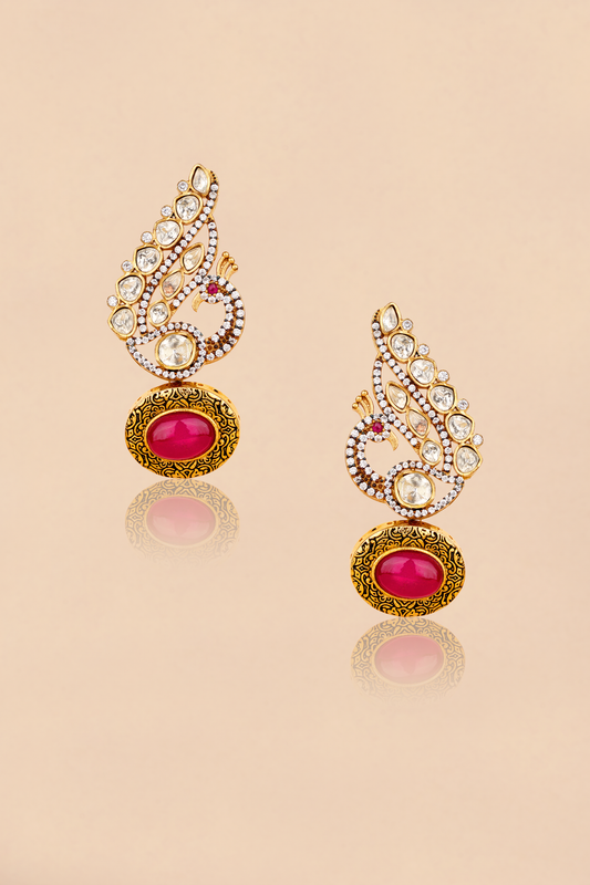 Kundan Polki Peacock Motif Earrings – Gold Plated Ruby Red Statement Earrings | Imperial Mor-Pankh