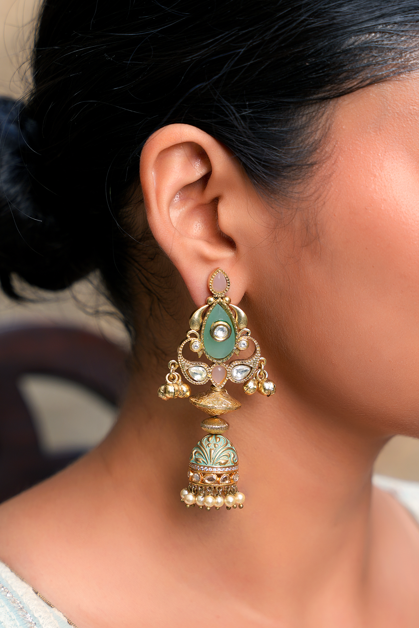 Kundan Polki Multi-Stone Dangler Earrings – Gold Plated Enamel Jhumki Statement Earrings