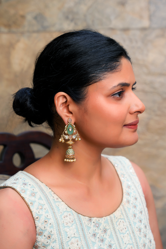 Kundan Polki Multi-Stone Dangler Earrings – Gold Plated Enamel Jhumki Statement Earrings