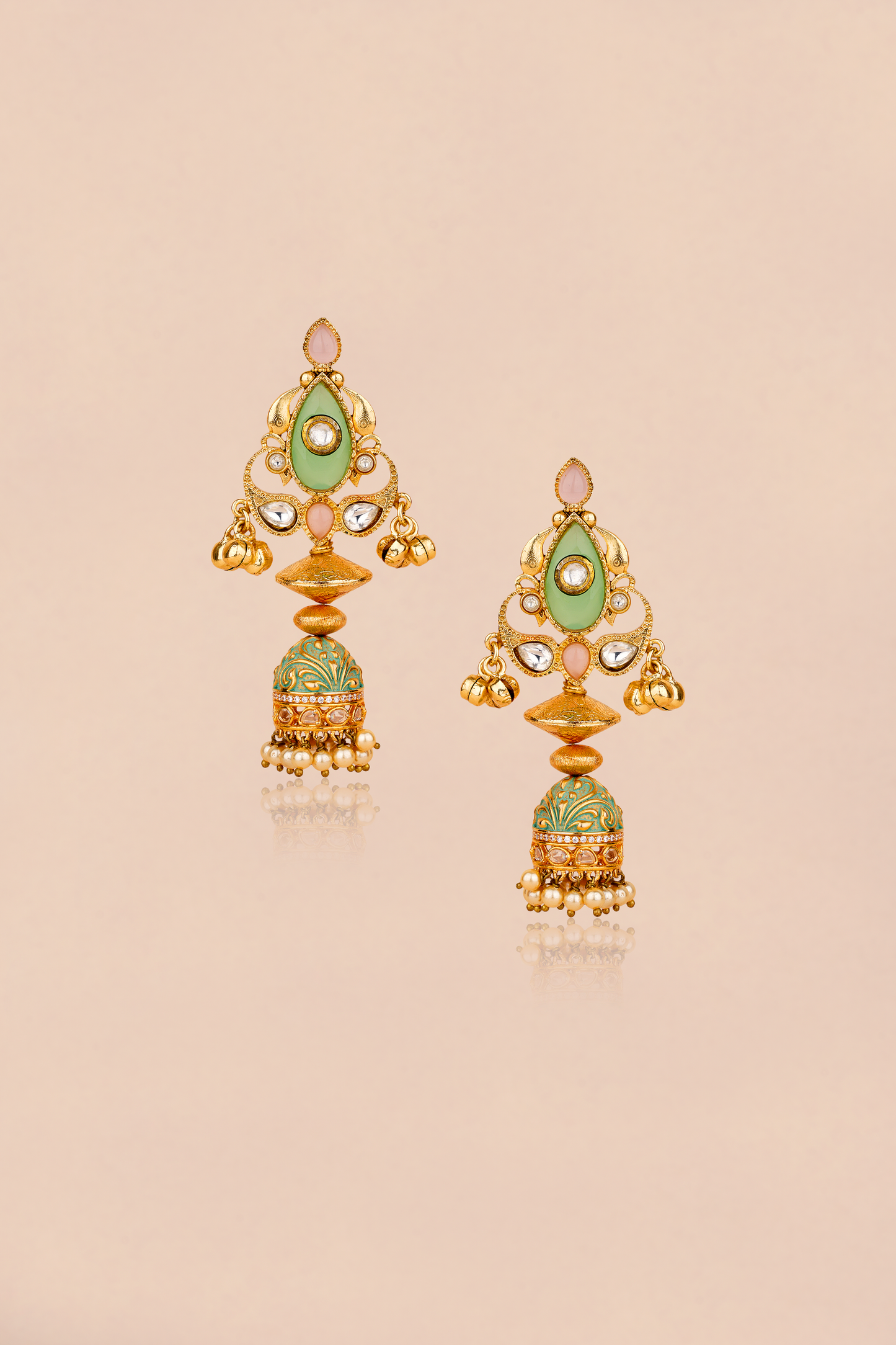 Kundan Polki Multi-Stone Dangler Earrings – Gold Plated Enamel Jhumki Statement Earrings