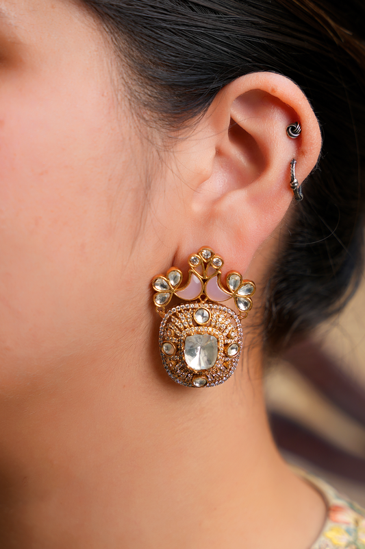 Kundan Polki Bird Motif Earrings – Gold Plated Pink Stone Statement Studs | Imperial Avian