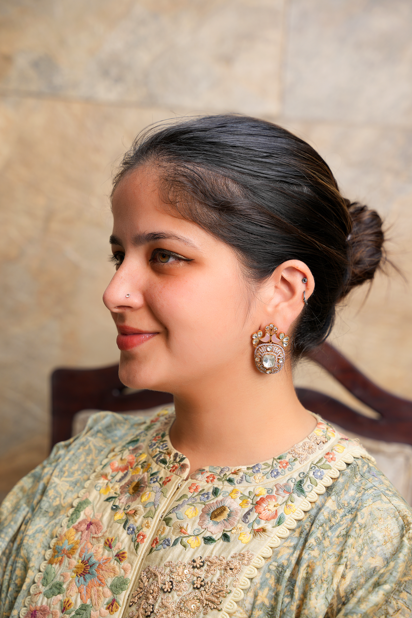 Kundan Polki Bird Motif Earrings – Gold Plated Pink Stone Statement Studs | Imperial Avian