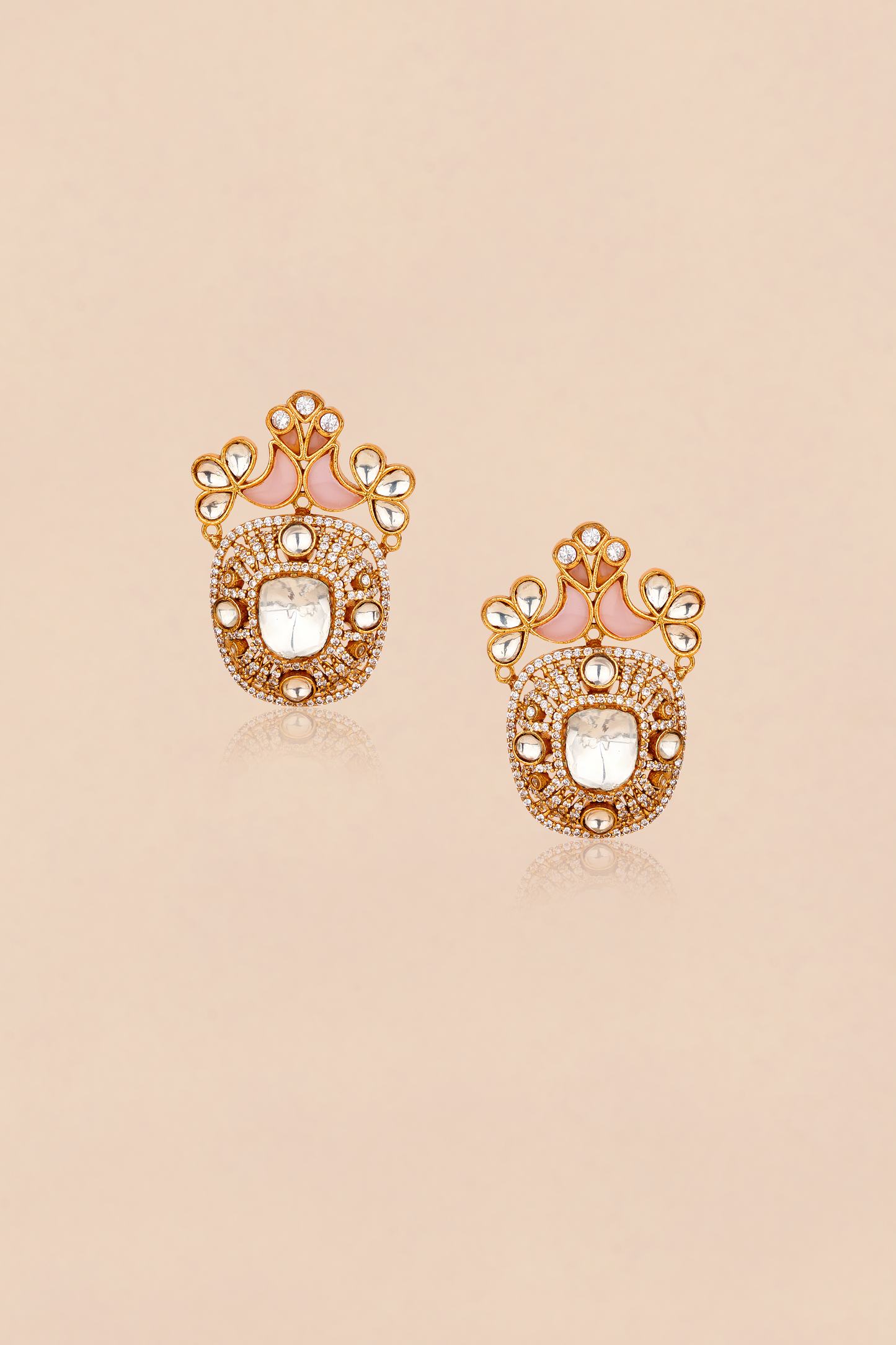 Kundan Polki Bird Motif Earrings – Gold Plated Pink Stone Statement Studs | Imperial Avian