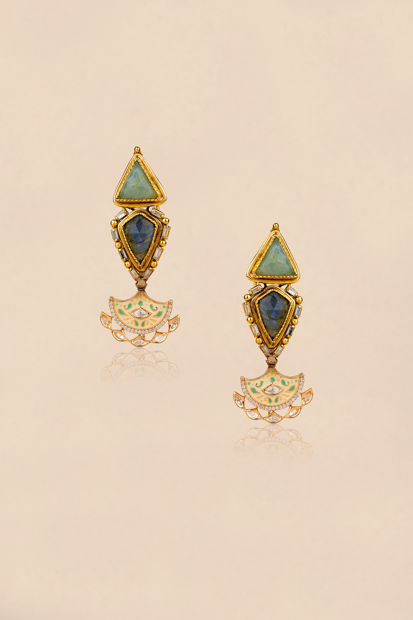 Labradorite and American Diamond Dangler Earrings – Gold Plated Meenakari Enamel Statement Earrings | Imperial Crescent