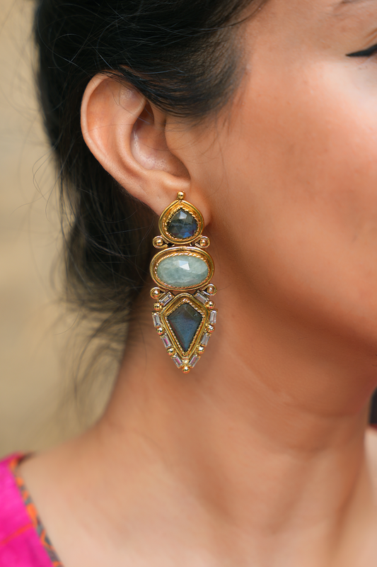 Labradorite & American Diamond Dangler Earrings – Gold Plated Geometric Statement Earrings | Imperial Prism