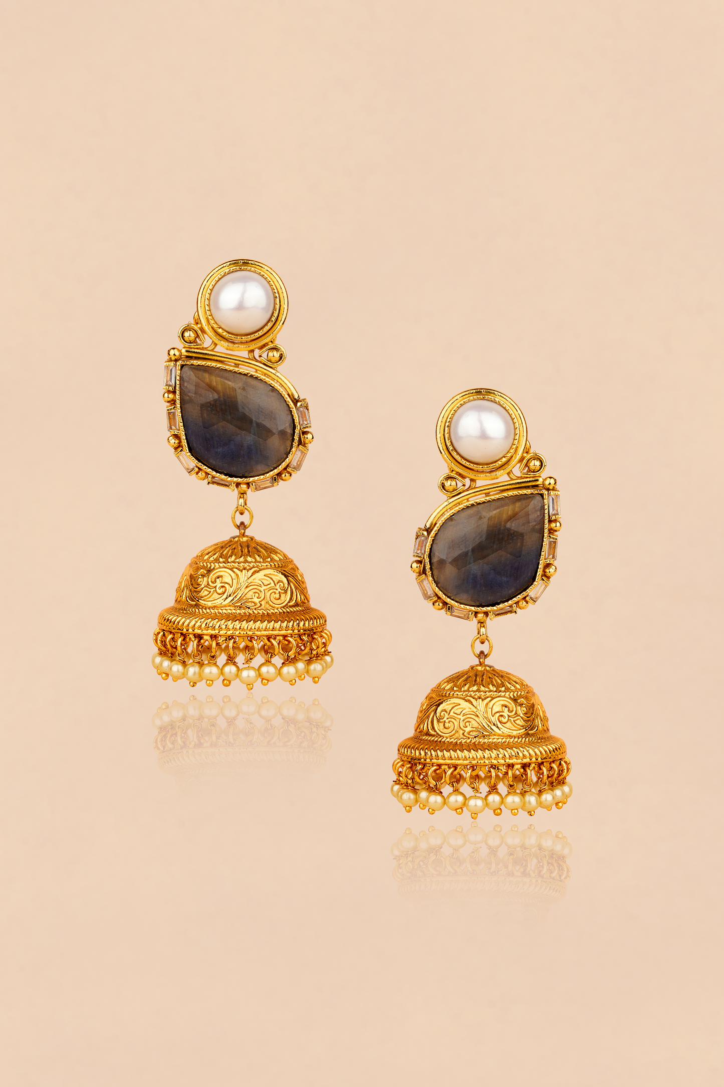 Imperial Labradorite Jhumka – Sculptural Pearl & Hand-Carved Nakashi Heritage Earrings