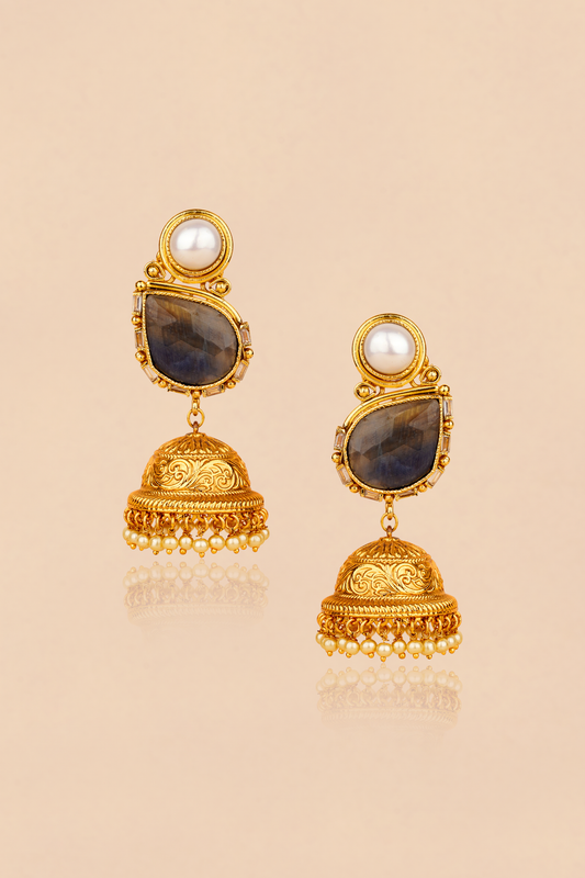 Imperial Labradorite Jhumka – Sculptural Pearl & Hand-Carved Nakashi Heritage Earrings