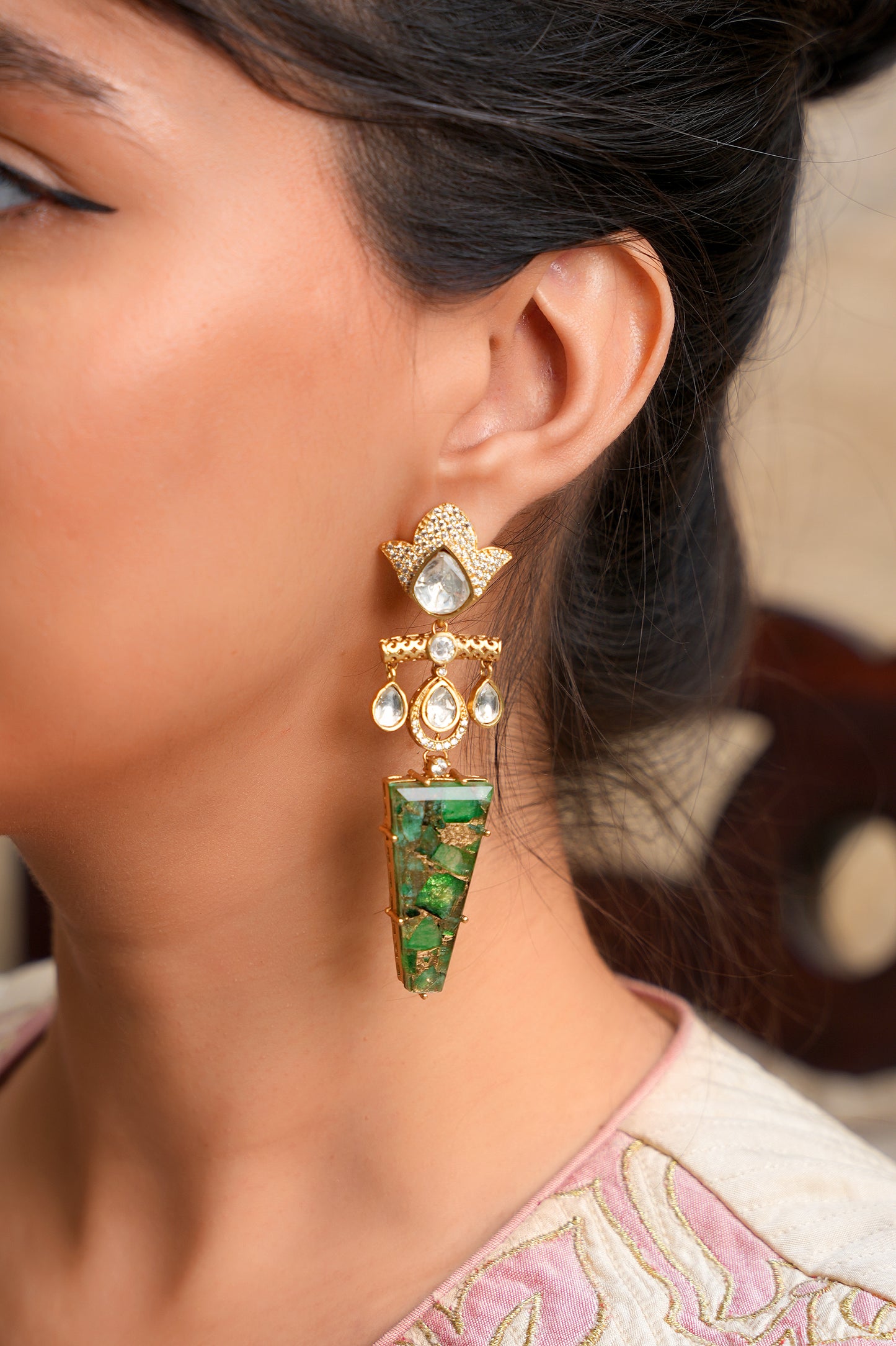 Imperial Verdant Monolith – Sculptural Kundan Polki & Raw Emerald Geometric Danglers
