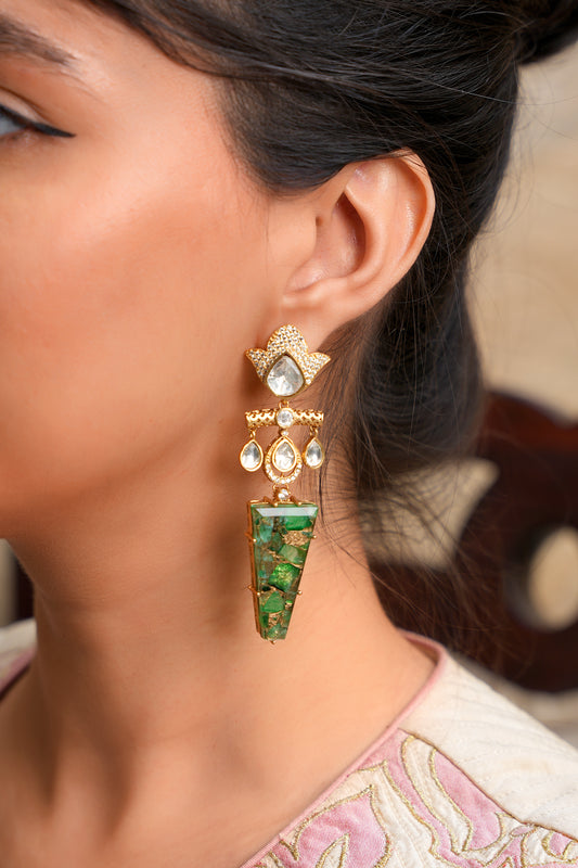 Imperial Verdant Monolith – Sculptural Kundan Polki & Raw Emerald Geometric Danglers