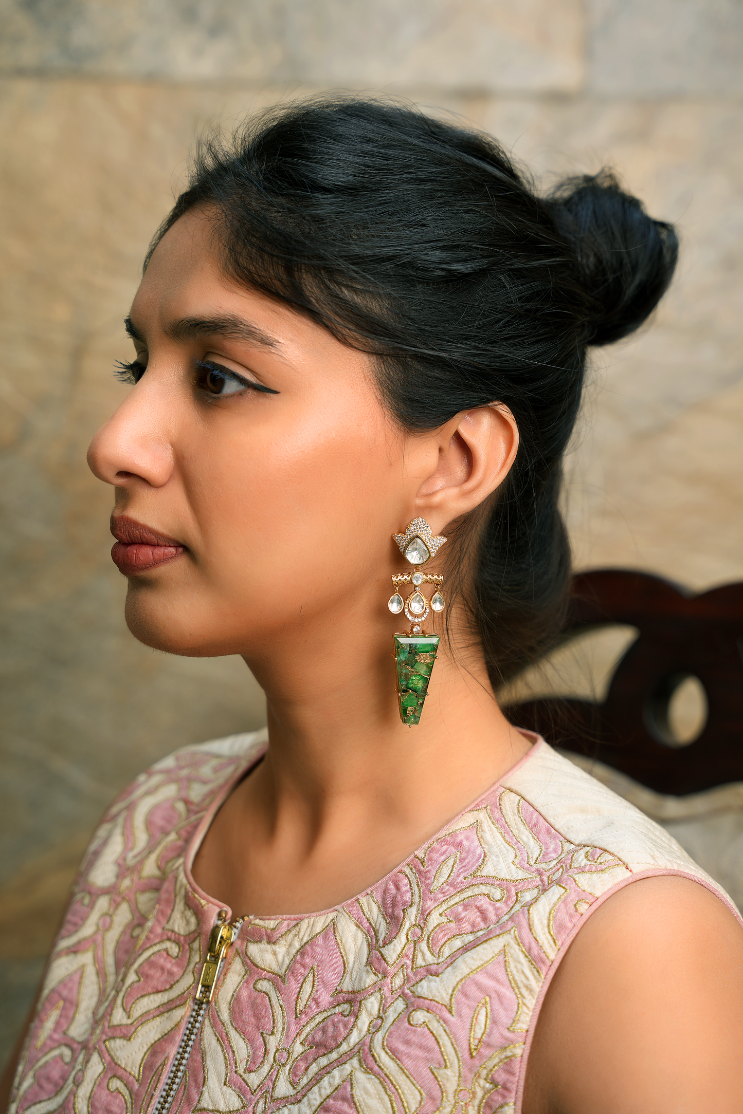 Imperial Verdant Monolith – Sculptural Kundan Polki & Raw Emerald Geometric Danglers