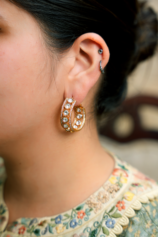 Kundan Polki Hoop Earrings – Gold Plated American Diamond Statement Hoops