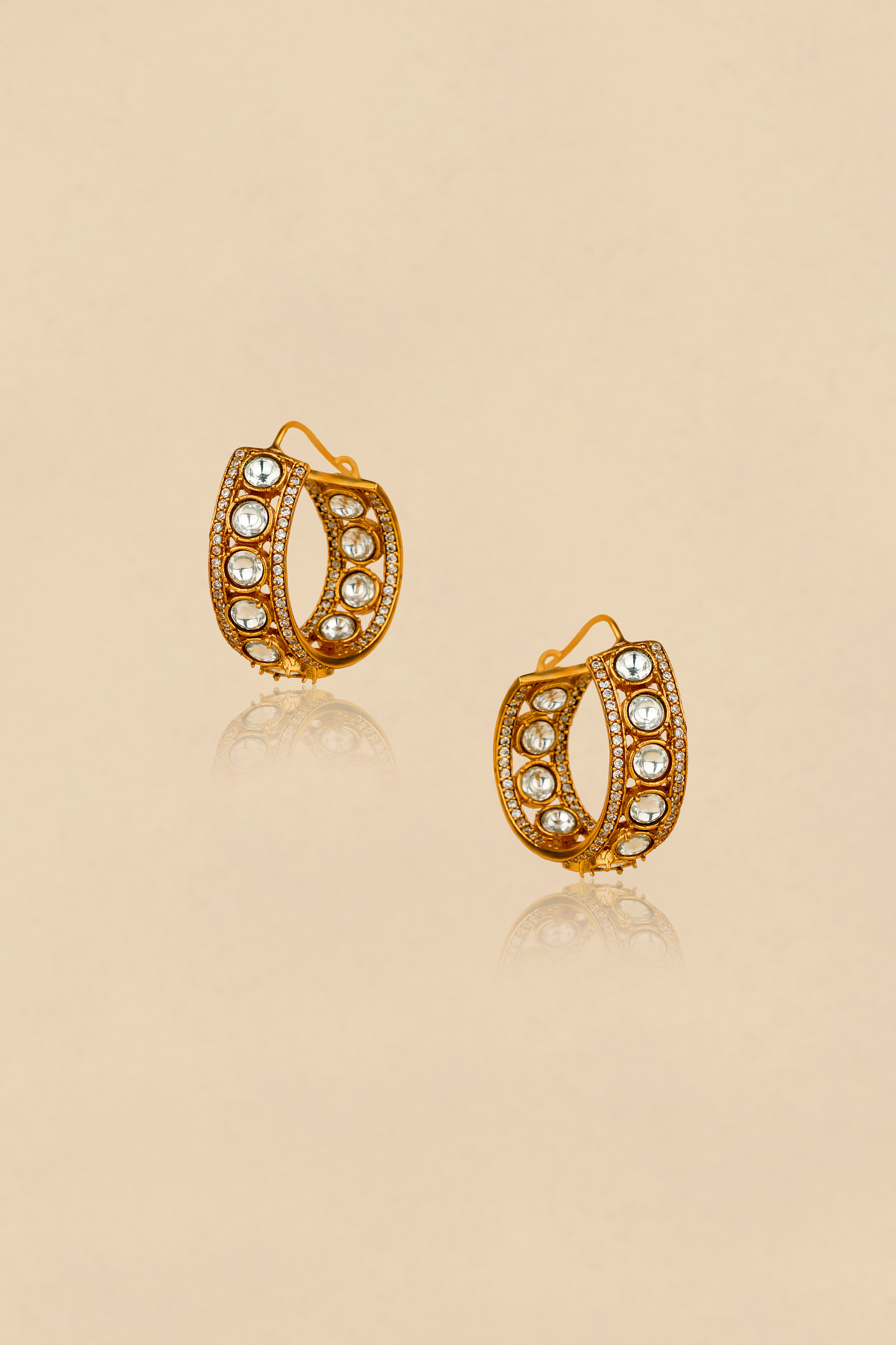 Kundan Polki Hoop Earrings – Gold Plated American Diamond Statement Hoops